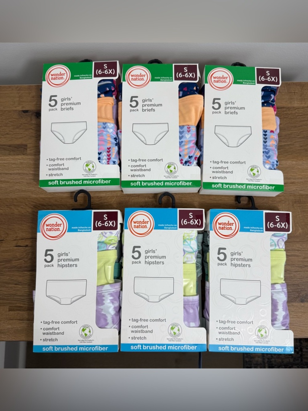 6- 5 Packs Wonder Nation Girls Premium Hipsters & Premium Briefs Size Small 6-6X
